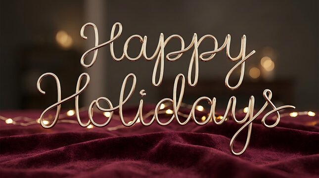 Elegant rose gold happy holidays script lettering on a rich dark red velvet fabric background