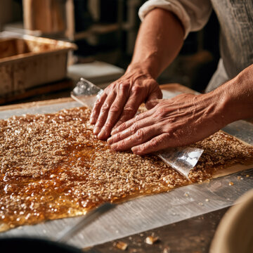 Warm hands shape golden, sticky caramel on parchment