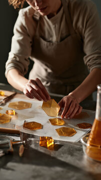Warm light illuminates hands placing golden honeycomb pieces