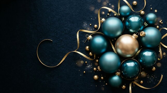 Festive christmas baubles in teal and gold colors with curling ribbons on a dark textured background