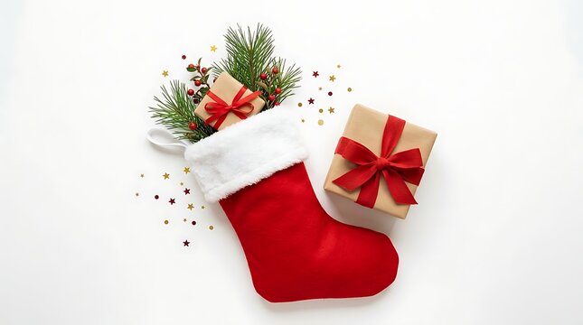 Red christmas stocking filled with pine branches and gift boxes on white background