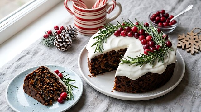 Traditional Christmas fruit cake topped with white frosting cranberries and fresh rosemary sprigs on a rustic table
