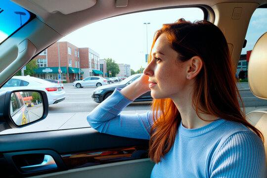 Young adult Caucasian woman sitting in car, looking through window while commuting in city traffic, suggesting urban mobility and daily travel. Side view, usable for transport ads