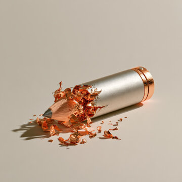 Shiny metallic pencil lies on neutral surface