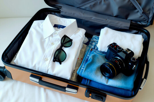 Close up of open suitcase holding folded travel clothes, sunglasses, camera, towel, preparing vacation packing and trip planning. Ideal for tourism marketing, travel blog, booking ads