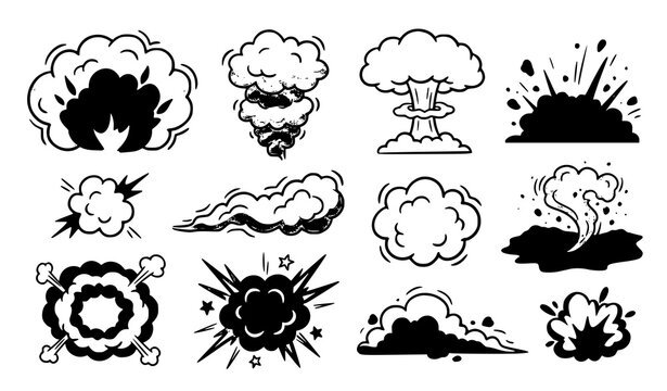 Cartoon Explosion Smoke Cloud and Impact Effect Hand Drawn Vector Set