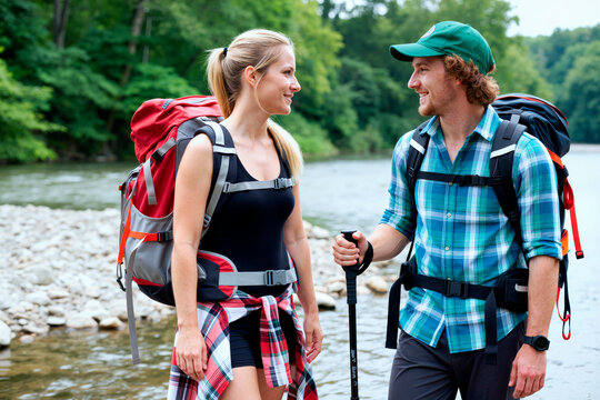 Young adult Caucasian couple hiking beside river, wearing backpacks and smiling at each other during outdoor trek. Useful for travel marketing, adventure tourism, wellness campaigns
