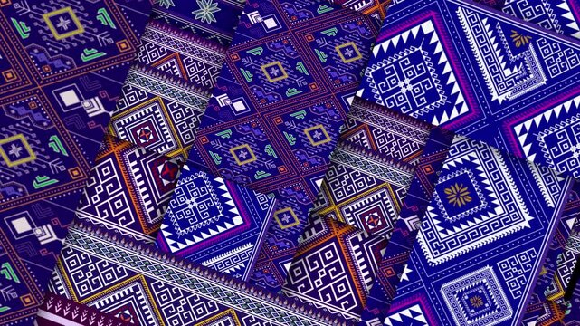 Abstract background moving overlay of colorful geometric ethnic textile pattern collection