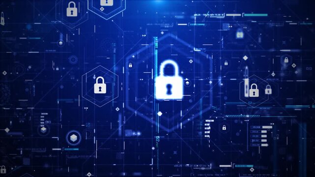 Abstract background floating animation of cybersecurity and futuristic concept with padlock icons and digital HUD element 