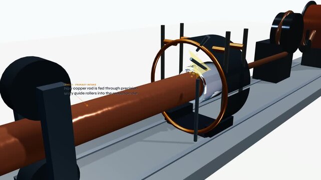 3D educational animation explaining the industrial copper wire drawing process including polycrystalline diamond insert, plastic deformation, and mechanical traction stages