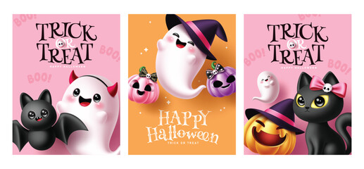Naklejka na ściany i meble Cute Trick or Treat Halloween Characters Clipart Poster Set. Coquette Halloween greeting card collection clip art with adorable ghosts, black cat, bat, colorful jack o lantern pumpkin and Playful 