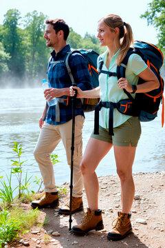 Vertical shot of Caucasian young adult couple hiking beside lake, carrying backpacks and trekking pole, exploring outdoor travel and active lifestyle. Ideal for tourism, wellness, adventure marketing
