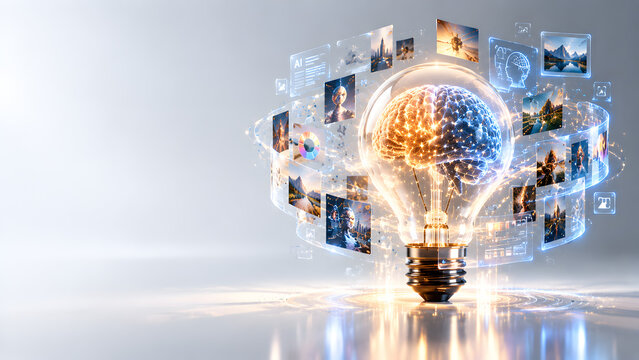 Futuristic conceptual image of a glowing light bulb with a human brain inside, surrounded by floating digital screens and artificial intelligence icons representing innovation and big data.