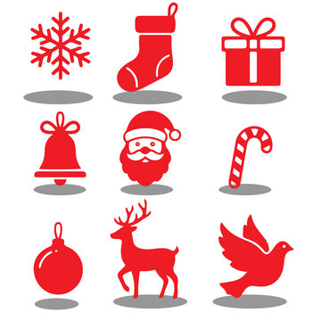 Christmas vector icon set, on white background, Christmas design elements, vector illustration. black flate design. Red.