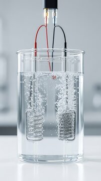 A scientific electrolysis cell splitting water to produce hydrogen and oxygen gas bubbles on electrodes, an electrochemical process for clean energy research, electrolysis, cell, split