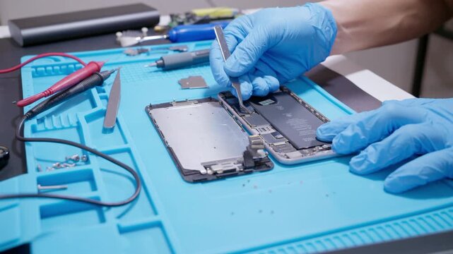 technician repairing internal micro-electronics component inside an opened smartphone on a blue mat as a concept for hardware maintenance service, right to repair information technology