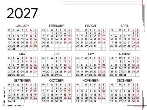 Minimalist yearly calendar for 2027 with black numbers on white background grid.