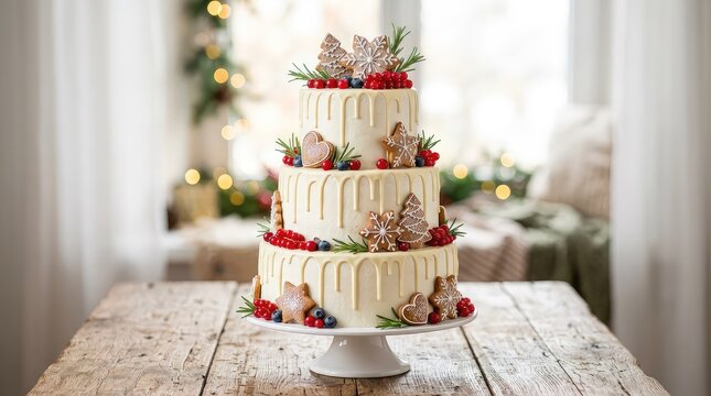 A stunning three-tiered festive gingerbread drip cake with white icing, decorative gingerbread cookies, berries, and rosemary on a wooden table, ornaments, food, cake