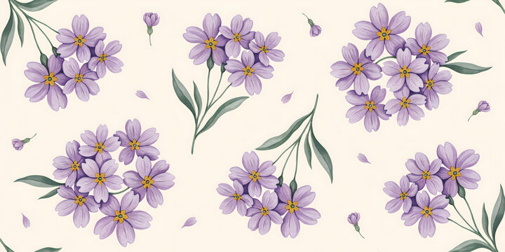 Seamless pattern with clusters of soft purple flowers and green leaves on a light cream background, watercolor style botanical print