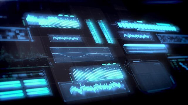 Futuristic digital dashboard interface with glowing blue data visualization and HUD elements.