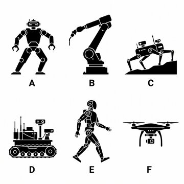 Set of futuristic robotics icons featuring humanoid androids, industrial robotic arm, quadruped robot dog, tracked rover, and aerial camera drone in black vector silhouette style on white background.