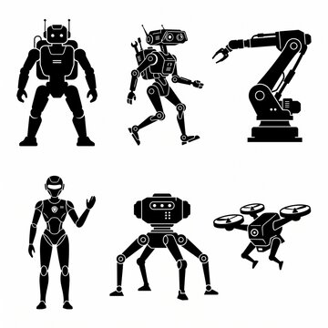 Set of futuristic robot icons including humanoid cyborgs, industrial robotic arm, and drone, designed in flat black silhouette vector style isolated on white.