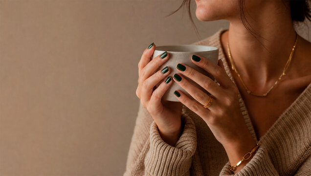 Elegant Hands with Deep Emerald Manicure Holding Minimal Ceramic Cup