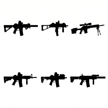 Set of modern tactical assault rifle and military firearm silhouettes with scopes and suppressors, isolated on a clean white background for graphic design and weapon icon use.