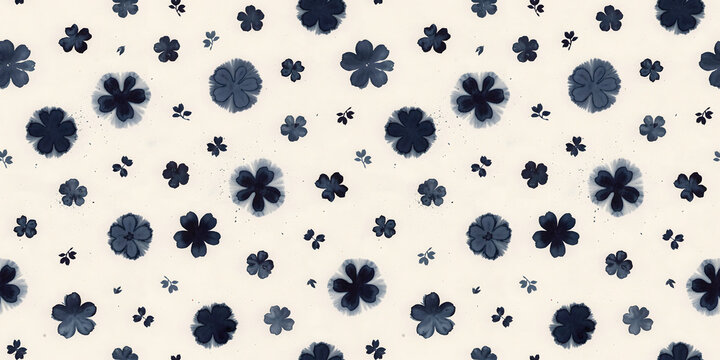 Seamless pattern with dark blue watercolor style five-petal flowers and tiny leaves scattered on a light beige background, for textile