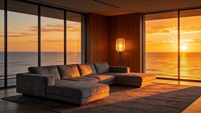 Modern living room with ocean view and sunset through glass wall