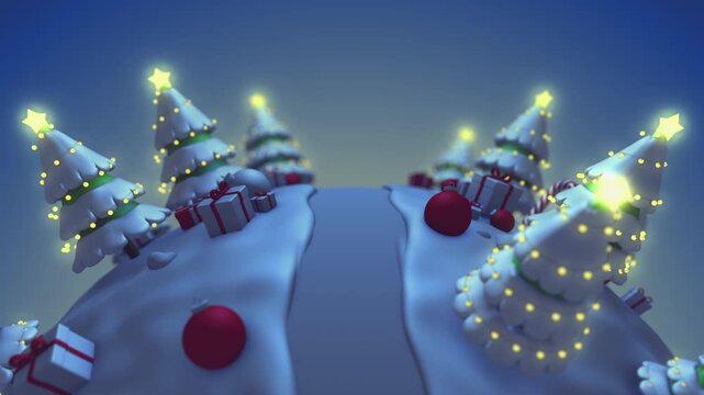 3d Cartoon theme christmas night concept with an illuminated trees, gift boxes, candy and decorative ornaments, looped.