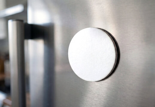 Blank white circular magnet on refrigerator door mockup. Generative ai