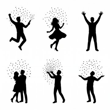 Set of joyful people silhouettes celebrating with falling confetti on white background, featuring dancing woman, jumping man, and romantic couple for party success concept.
