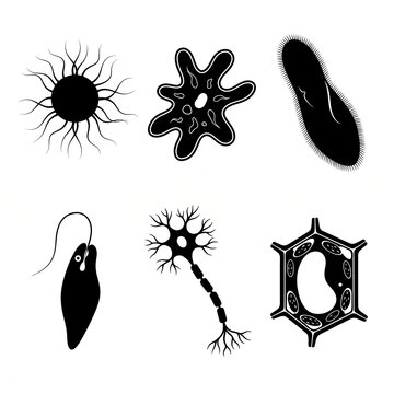Collection of microscopic unicellular organisms and cell structures silhouette icons including amoeba, neuron, and paramecium isolated on white background
