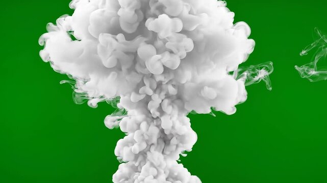 White dense cloud of ink, smoke, or powder exploding and spreading in water. This isolated footage is against a green screen