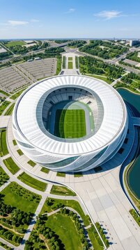 Aerial shot captures a vast sports arena during the daytime, showing its large external structure, curving facade, and detailed interior pitch, seats, cloud, complex