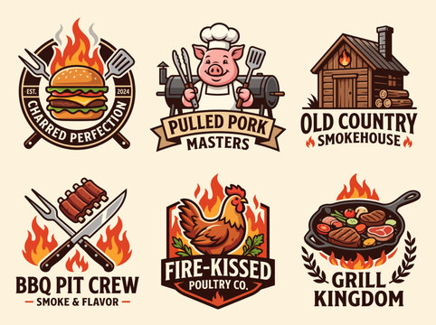 This vibrant array of logos represents various BBQ and grill establishments with playful designs showcasing burgers, pigs, and fire, embodying culinary passion and expertise.