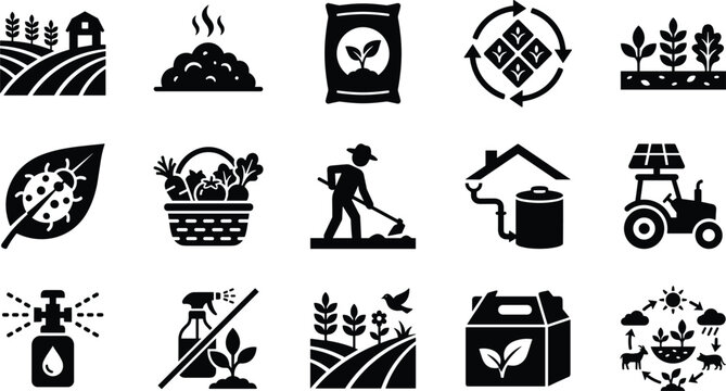 Set of black agricultural and farming icons representing sustainable food production and cultivation practices