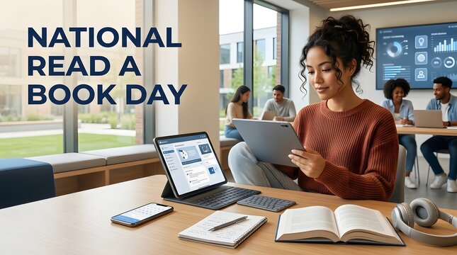 Woman reading on tablet in office with national read a book day.