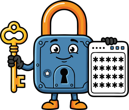 Cartoon padlock holding key and password screen for digital security concept on white background