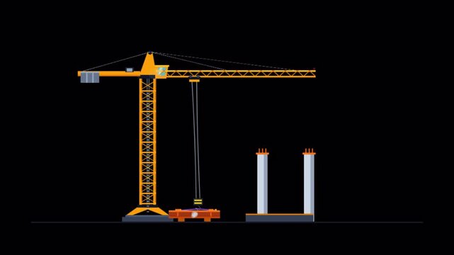 Tower crane building a structure on a transparent background. 4K alpha channel