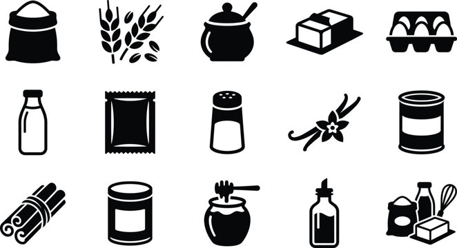 Set of black and white cooking and baking ingredient icons on transparent background