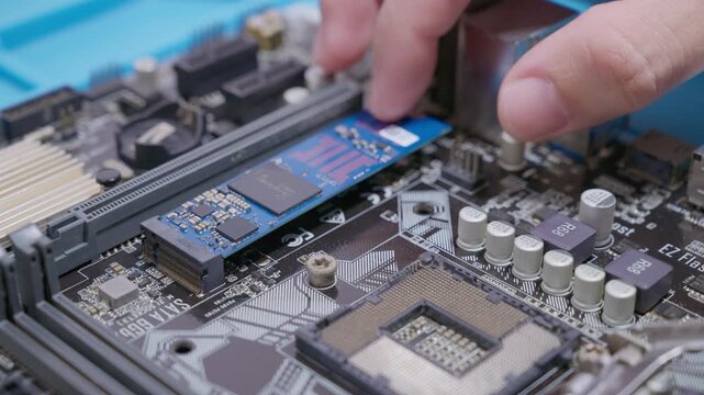 installing an M.2 NVMe SSD solid state drive storage card into a motherboard connector slot as a conceptual backdrop for computer building hardware upgrade data storage
