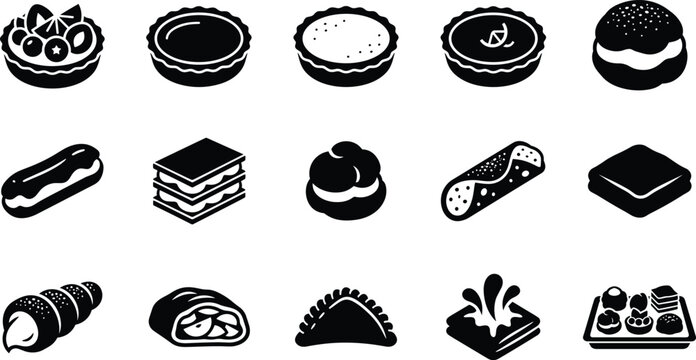 Set of black and white icons representing various delicious bakery pastries and desserts