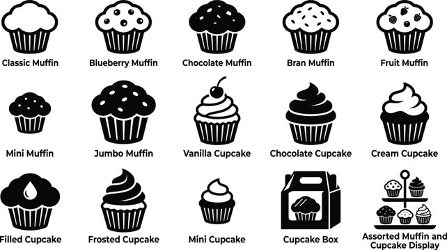 Set of black and white icons representing various delicious muffins and cupcakes for bakery design