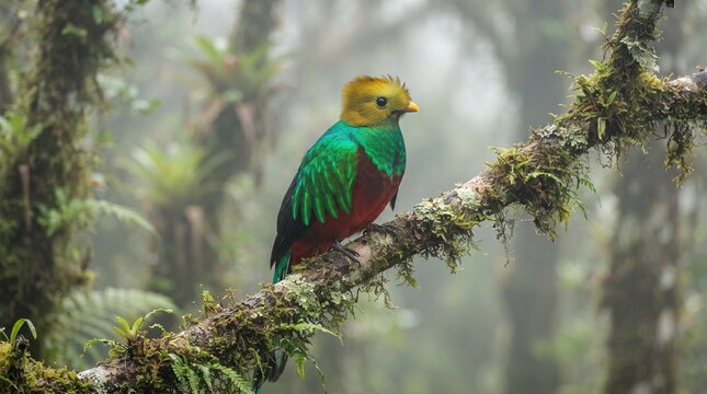 Vibrant Golden-Headed Quetzal Perched on Mossy Branch in Misty Cloud Forest