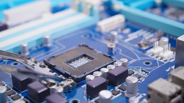 hand installing a central processing unit CPU microprocessor chip into computer motherboard socket as a conceptual metaphor for AI hardware technology computer engineering data 