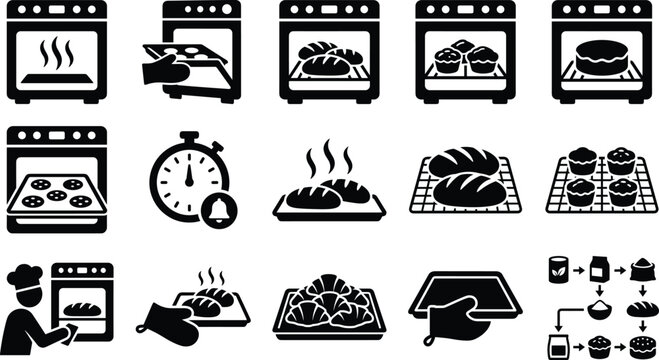Set of black baking icons showing ovens pastries bread and cooking process elements