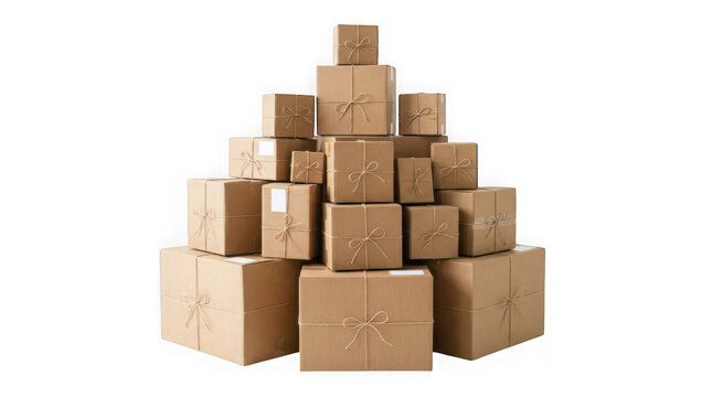 Stack of cardboard delivery boxes tied with string isolated on transparent background