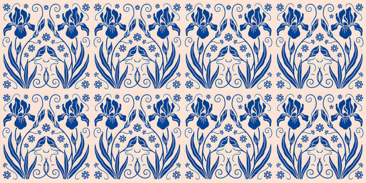 Symmetrical floral seamless pattern with blue iris flowers and swirling vines on a light beige background, ornate botanical wall covering